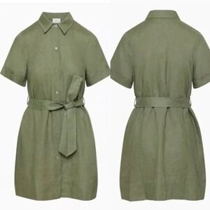 Wilfred Eleta Tie Waist Organic Linen Mini Shirt Dress - Bitter Sage - M